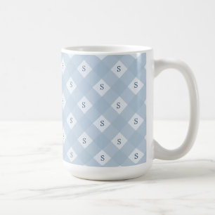 Caneca De Café Padrão Xadrez Azul e Branco com Inicial