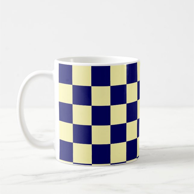 Caneca De Café Padrão Xadrez Azul Marinho e Amarelo (Esquerda)