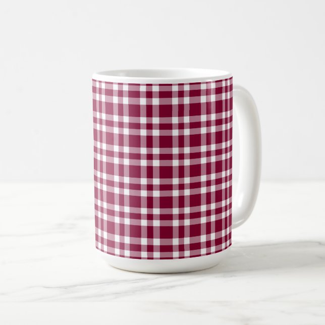 Caneca De Café Padrão Xadrez Branco Borgonha (Frente Esquerda)