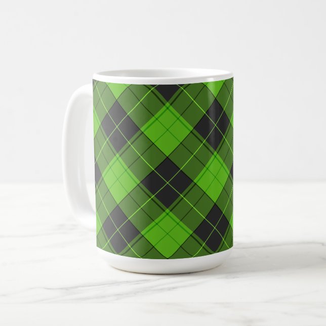 Caneca De Café Padrão xadrez diagonal simples em verde escuro (Frente Esquerda)
