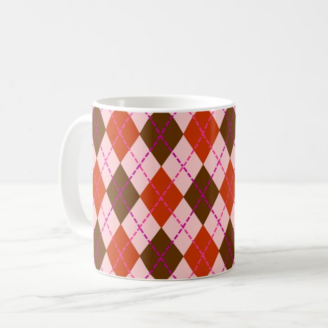 Caneca De Café Padrão Xadrez Escocês Vermelho Rosa e Marrom (Frente Esquerda)
