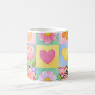 Caneca De Café Padrão Xadrez Floral Abstrato Elegante