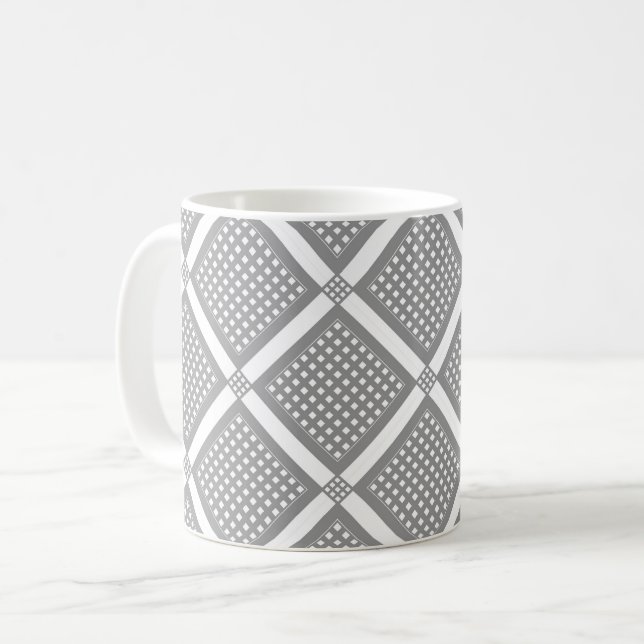 Caneca De Café Padrão xadrez geométrico cinza e branco (Frente Esquerda)