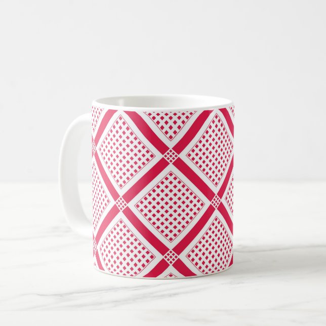 Caneca De Café Padrão xadrez geométrico vermelho e branco retrô (Frente Esquerda)