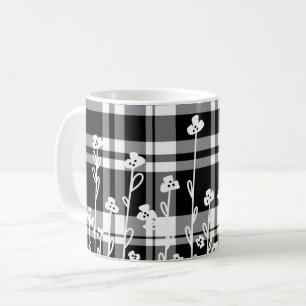 Caneca De Café Padrão xadrez preto e branco floral elegante