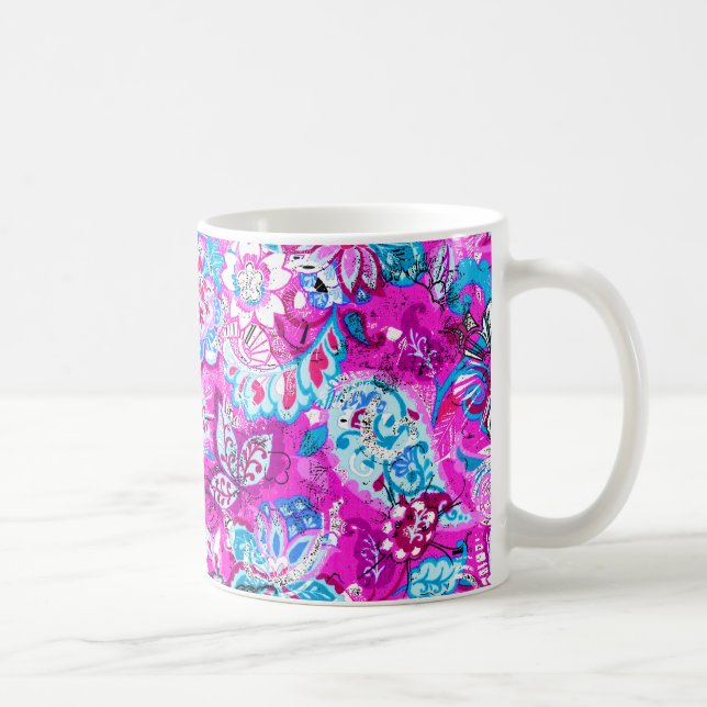 Caneca De Café Padrões de flores rosas, azuis e brancas (Direita)
