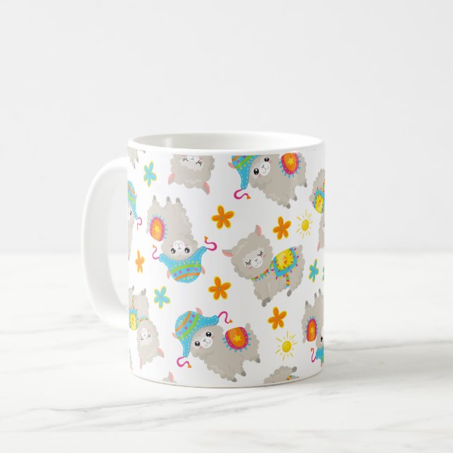 Caneca De Café Padrões De Lhamas, Llamas Cutas, Alpacas, Flores (Frente Esquerda)