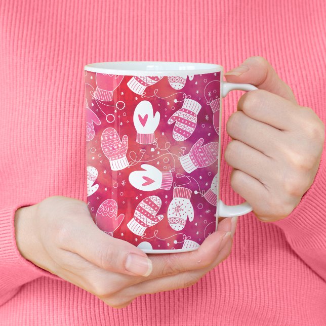Caneca De Café Padrões de natal em rosa (Pink Winter Mittens Pattern Tall Mug)