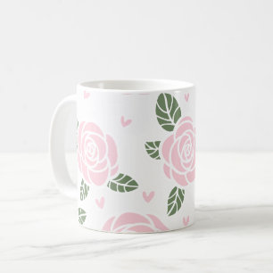Caneca De Café Padrões de Rosas Rosa com Folhas Verdes e Corações