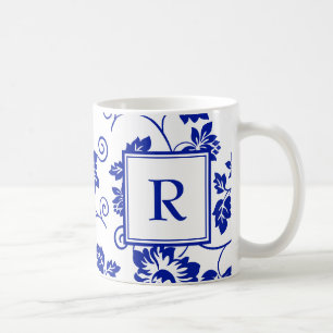 Caneca De Café Padrões do Jardim Azul Monograma Café Mug