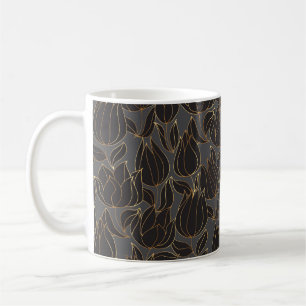 Caneca De Café Padrões florais de tulipas de luxo preto e dourad