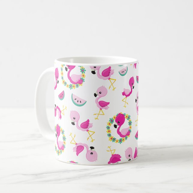 Caneca De Café Padrões Tropicais, Flamingos, Melancias, Flores (Frente Esquerda)