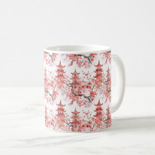 Caneca De Café Pagoda Chinesa Aquarela com Flores de Cereja (3)