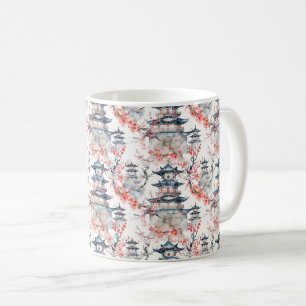 Caneca De Café Pagoda Chinesa Aquarela com Flores de Cereja (4)