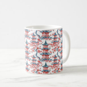 Caneca De Café Pagoda Chinesa Aquarela com Flores de Cereja (6)