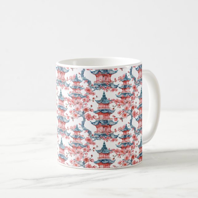Caneca De Café Pagoda Chinesa Aquarela com Flores de Cereja (6) (Frente Esquerda)