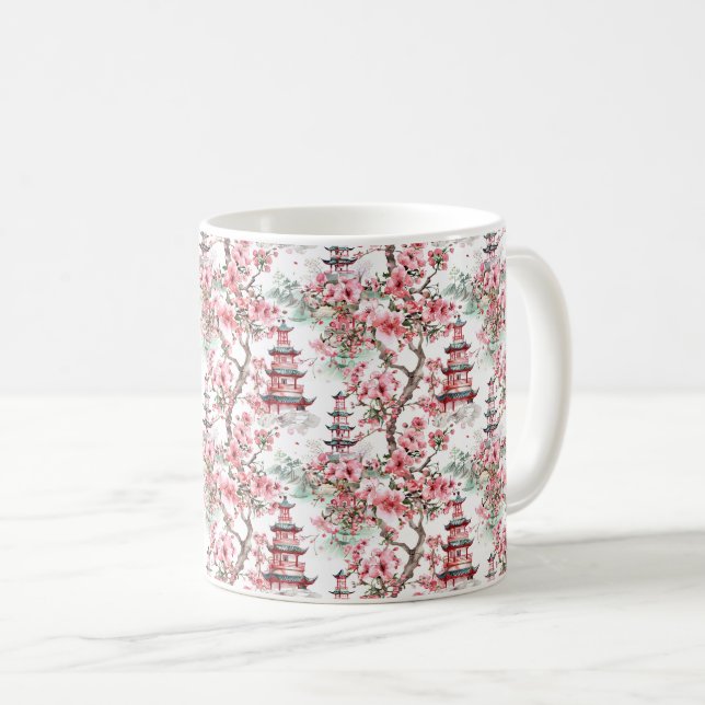 Caneca De Café Pagoda Chinesa Aquarela - Flores De Cereja (10) (Frente Esquerda)