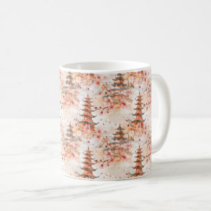Caneca De Café Pagode Chinesa em Aquarela com Flores de Cerejeira