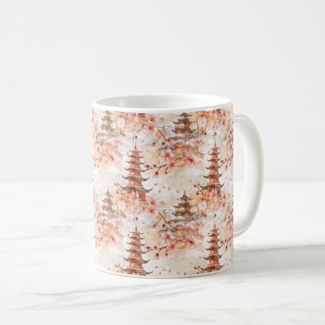 Caneca De Café Pagode Chinesa em Aquarela com Flores de Cerejeira (Frente Esquerda)