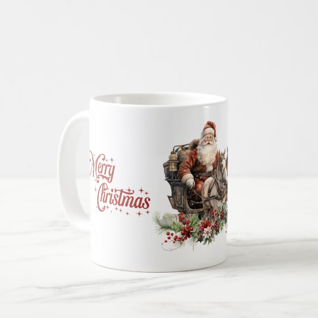 Caneca De Café Pai Natal clássico tradicional com cavalos (Frente Esquerda)