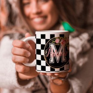 Caneca De Café Painel de controlo preto e branco Monograma cor-de