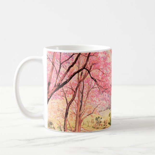 Caneca De Café Paisagem de aquarela paisagem rosa flor vermelha d (Esquerda)