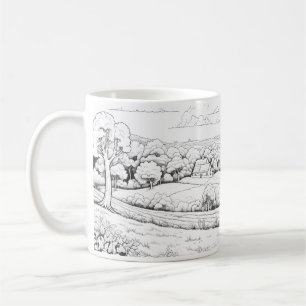 Caneca De Café Paisagem De Countryside No Estilo De Desenho