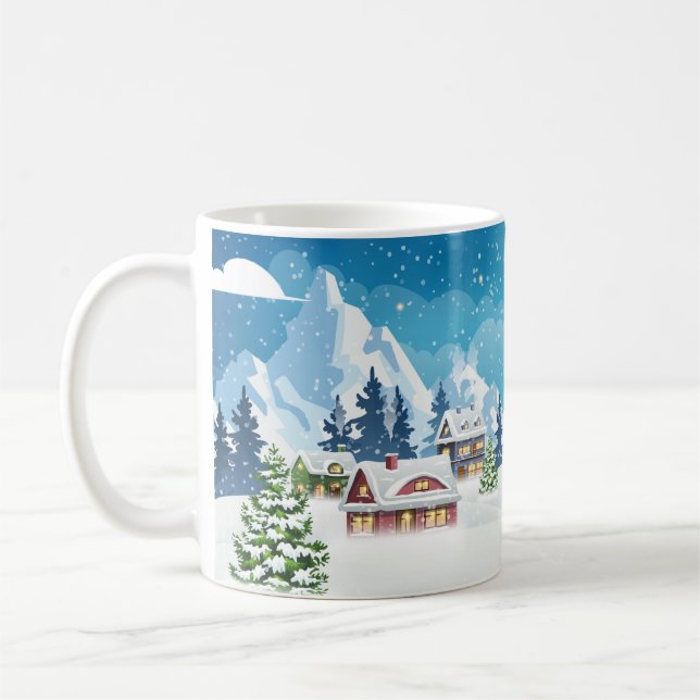 Caneca De Café Paisagem de inverno na vila com neve coberta (Esquerda)