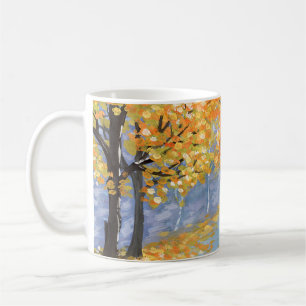 Caneca De Café Paisagem de outono de Gouache. Ouro cair em vazio