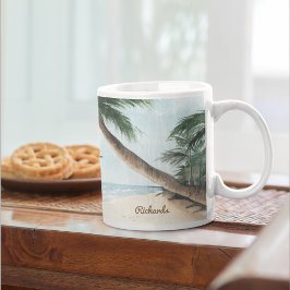 Caneca De Café Paisagem de Praia com Barcos de Navegação Azul