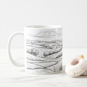 Caneca De Café Paisagem E Agricultura Em Estilo Esboço