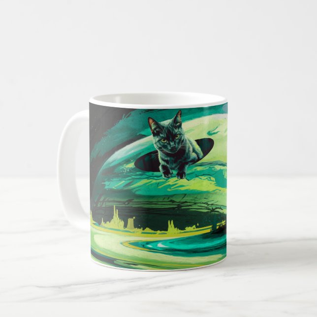 Caneca De Café Paisagem Espacial Estranha do Gato Verde-Café Surr (Frente Esquerda)
