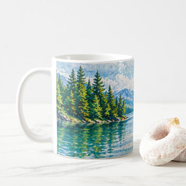 Caneca De Café Paisagem Florestal do Lago da Montanha (Com Donut)