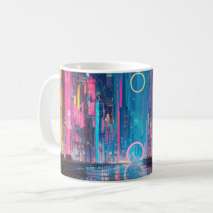 Caneca De Café Paisagem Noturna Neon Vibrante Futurista da Cidade