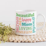 Caneca De Café Palavras-Mãe Adorantes - Tipografia Multicolorida<br><div class="desc">Mamãe está no coração dessas palavras amorosas... e a modelo está pronta para você editar isso para a Mãe, se você quiser. (Infelizmente, não há espaço para uma ortografia mais longa). Esta design de tipografia inclui as palavras belas, graciosas, incríveis, sábias, felizes, amorosas e altruístas. Ele usa uma variedade de...</div>