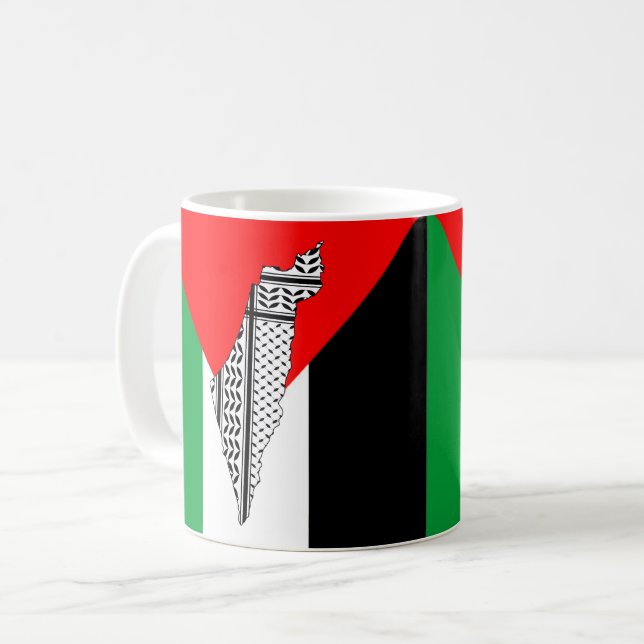 Caneca De Café Palestina - Bandeira e Mapa com Padrão Keffiyeg (Frente Esquerda)