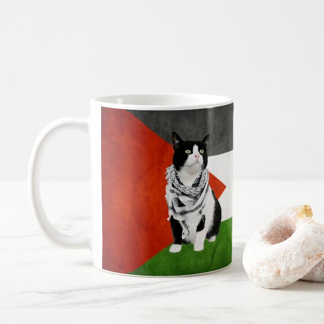Caneca De Café Palestina Kufiya Vestindo Gato com Bandeira Palest (Com Donut)