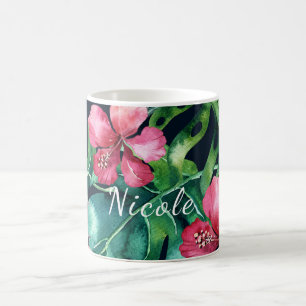 Caneca De Café Palma Tropical Escura Deixa Hibiscus Ilha Floral