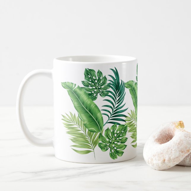 Caneca De Café Palma Tropical Verde Folha Monstera (Com Donut)