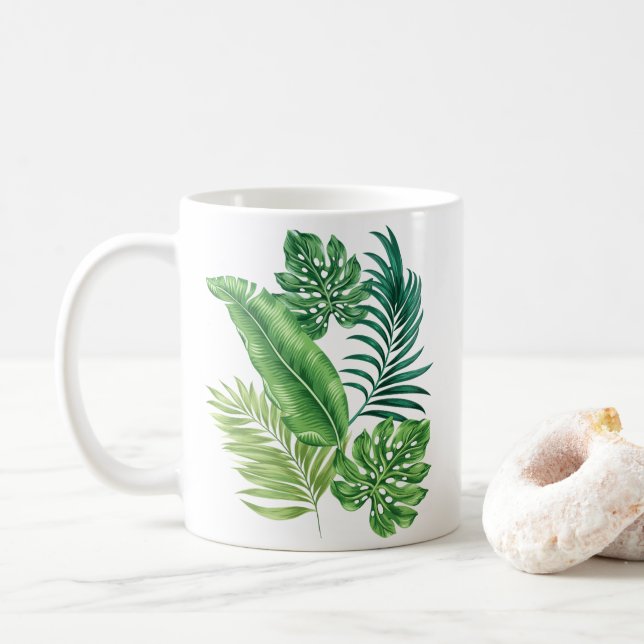 Caneca De Café Palma Tropical Verde Folha Monstera (Com Donut)
