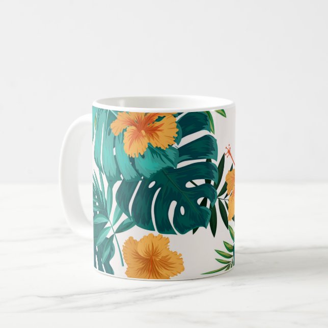 Caneca De Café Palma Tropical Watercolor,Hibiskus Havaiano (Frente Esquerda)