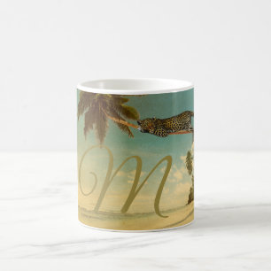 Caneca De Café Palmeira de praia tropical Monograma de leopardo