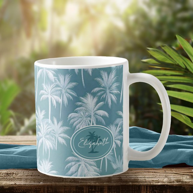 Caneca De Café Palmeira havaiana Silhouette Pattern Teal ID1093 (Criador carregado)