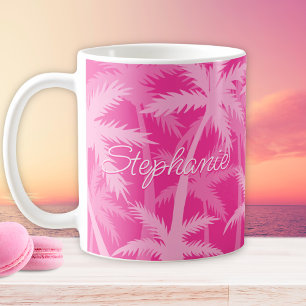 Caneca De Café Palmeiras Tropicais Monograma Rosa Quente