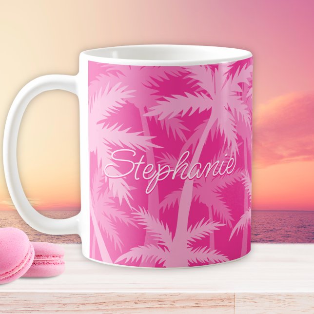 Caneca De Café Palmeiras Tropicais Monograma Rosa Quente (Criador carregado)