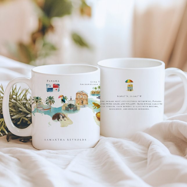 Caneca De Café Panamá de Mapa Ilustrado de Aquarela | Monograma (Criador carregado)