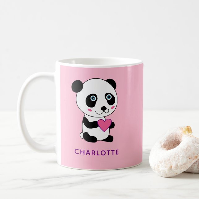 Caneca De Café Panda bonita com coração rosa + nome (Com Donut)