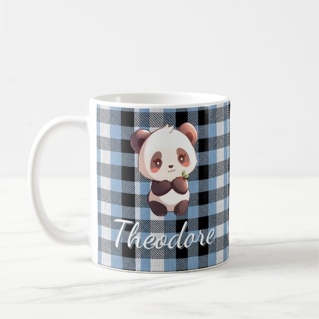 Caneca De Café Panda Xadrez Azul Personalizado (Esquerda)