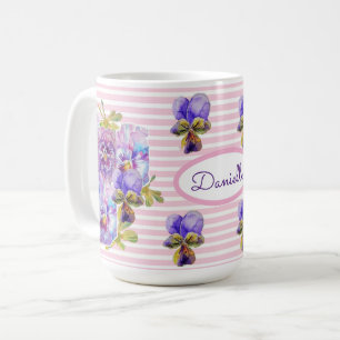Caneca De Café Pansy Floral Viola Vintage Mulheres em Greve Rosa