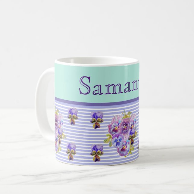 Caneca De Café Pansy Flower Aqua Stripe art floral Personalizável (Frente Esquerda)